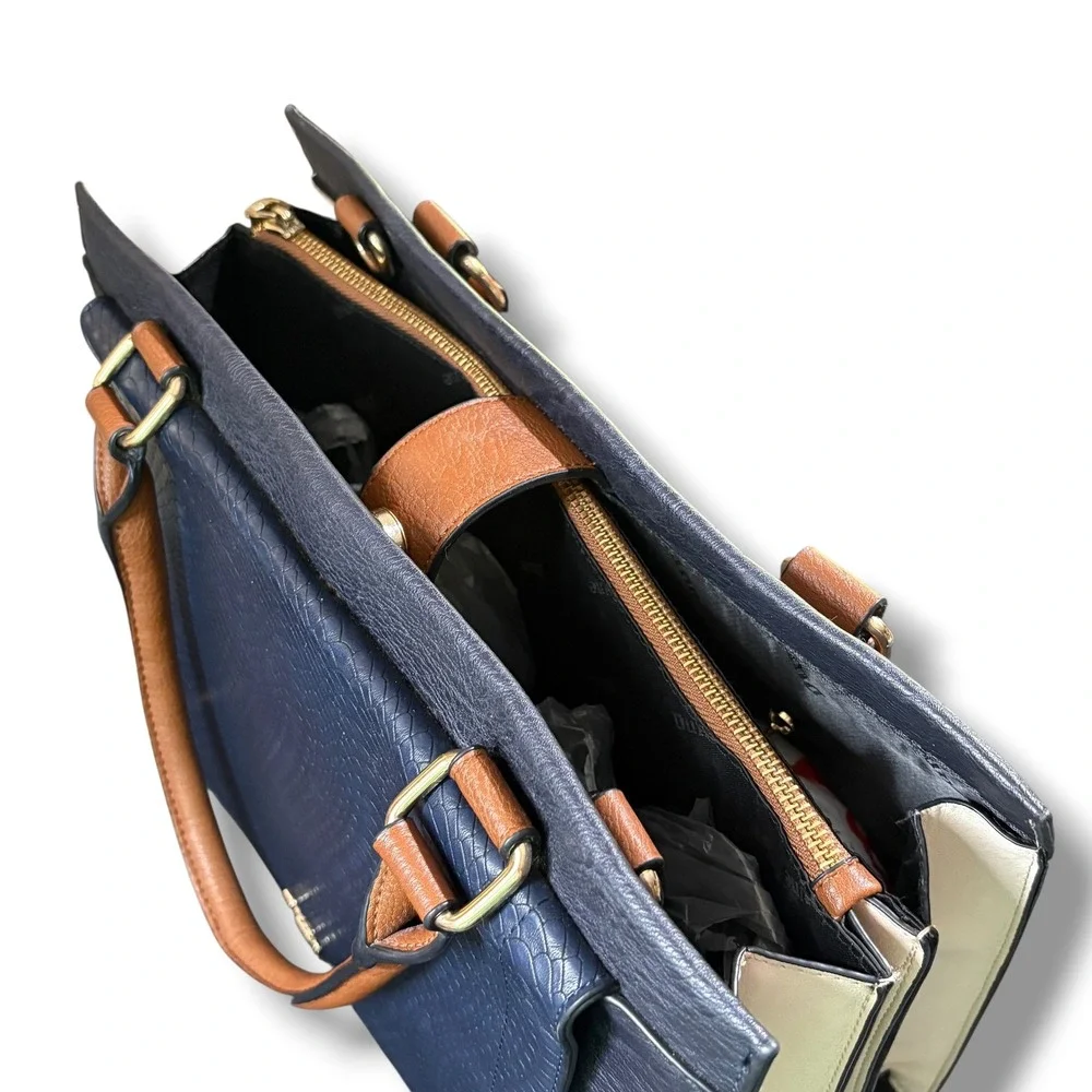 Dune London Navy Blue Snakeskin Embossed Satchel Bag Tan Handles Gold Hardware